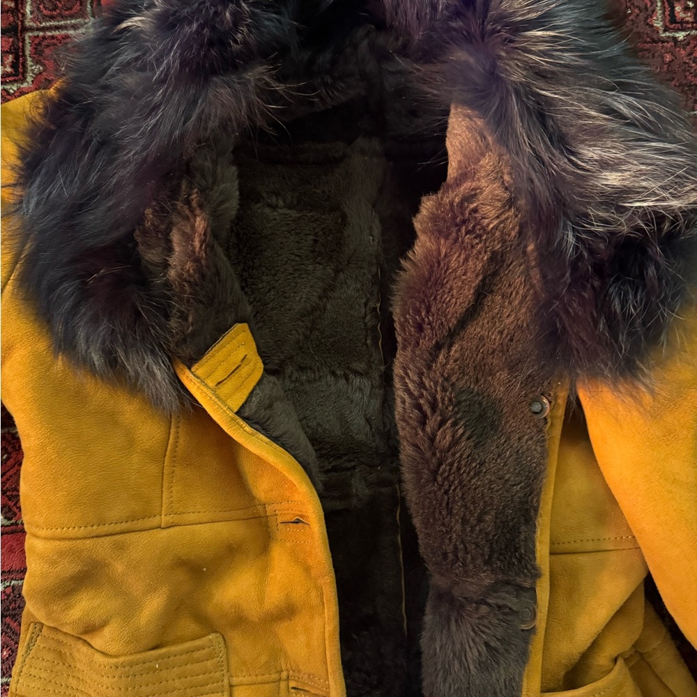 Women's Mustard Genuine Suede Shearling Coat with Real Fur Trim – Embroidered - Picture 3 of 6